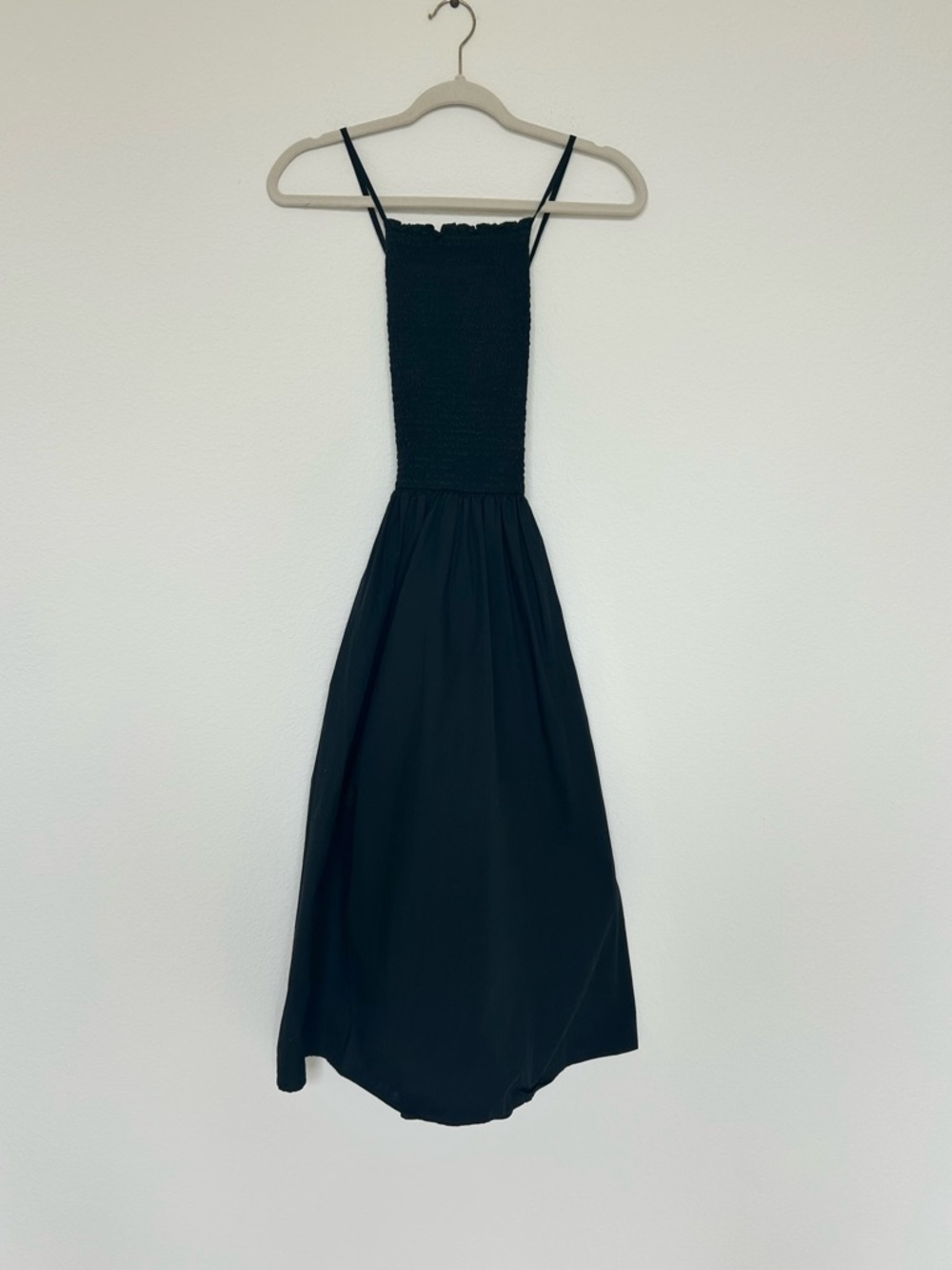 J Crew Black Smocked Poplin Midi Dress